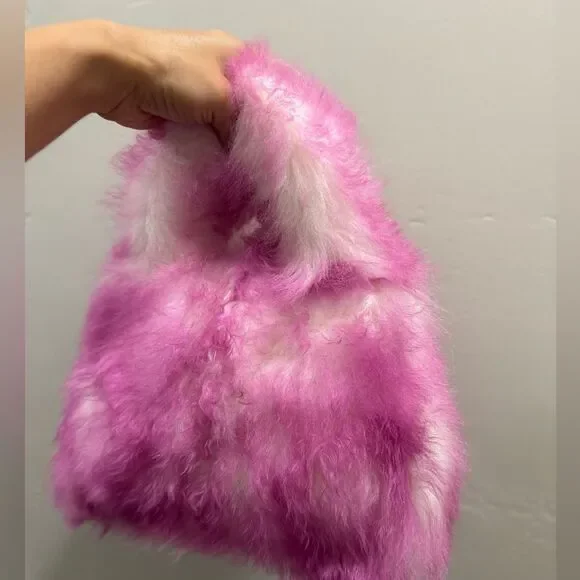 2 Tone Real Lamb Fur Handmade Top Handle, Fold Over Flap Handbag, Crossbody bag - Picture 10 of 16